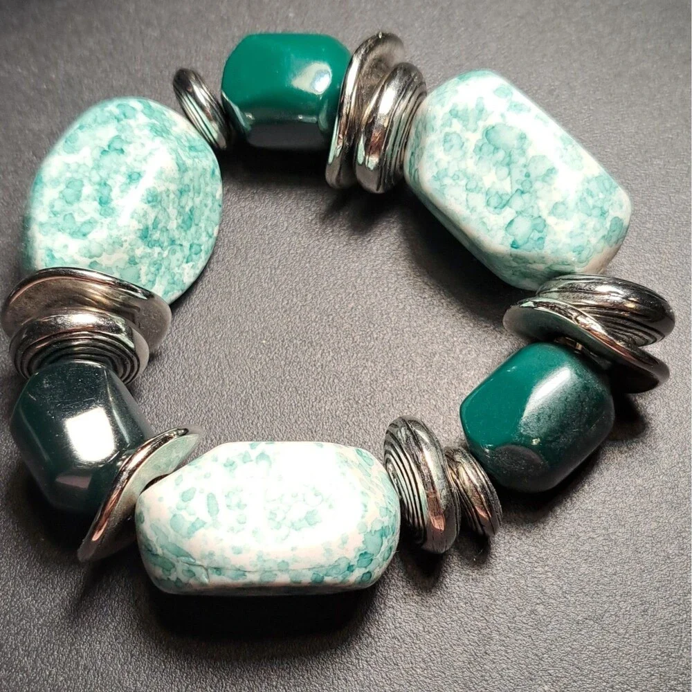 Statement Bracelet Costume 1990s Jewelry Chunky Faux Turquoise Style Stretch